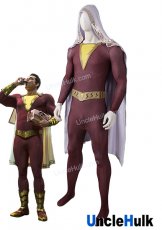 Captain Marvel Shazam Printted Spandex Zentai Costume - with Rubber Belt Barcer and Chest Logo and cloak | UncleHulk
