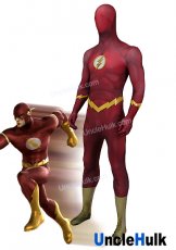 The Flash Dark Red Crimson Spandex Zentai Cosplay Costume Halloween Costume -with hood and rubber ornaments | UncleHulk