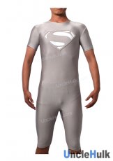 Grey Superm Zentai Costume 12 (half sleeve, half leg, include rubber logo on chest)