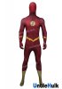 The Flash Dark Red Crimson Spandex Zentai Cosplay Costume Halloween Costume -with hood and rubber ornaments | UncleHulk